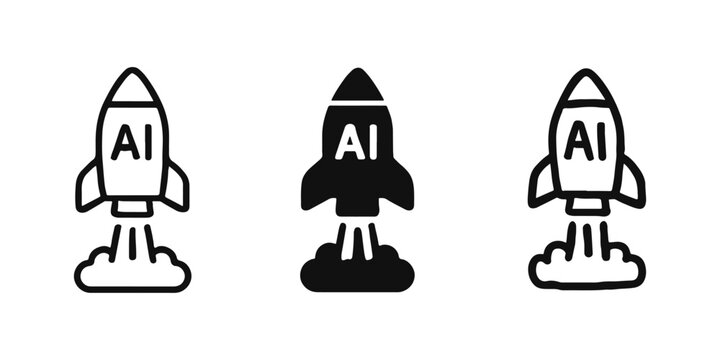 AI Startup Launch Rocket Success and Technology Growth Icon Set