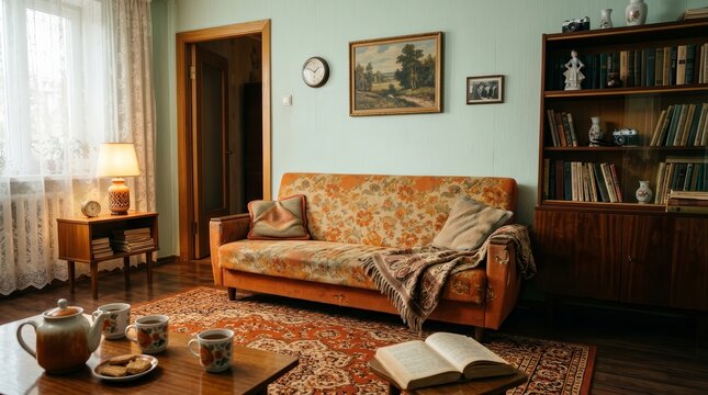 Retro living room design in a vintage Soviet style apartment with copy space