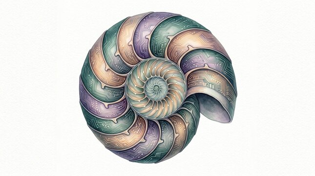 Nautilus shell, elegant watercolor illustration of a spiraling mollusk shell, natural history marine life artwork, intricate golden ratio spiral design, ocean biology and aquatic science concept