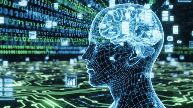 Futuristic wireframe human head containing a glowing brain facing floating binary code and digital circuit board patterns