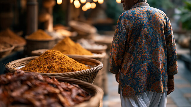 Elderly Indian man in hand-block-printed kurta and white churidar walks through a spice market, turmeric and chili displayed in baskets around him, perfect for South Asian cultural dress, traditiona