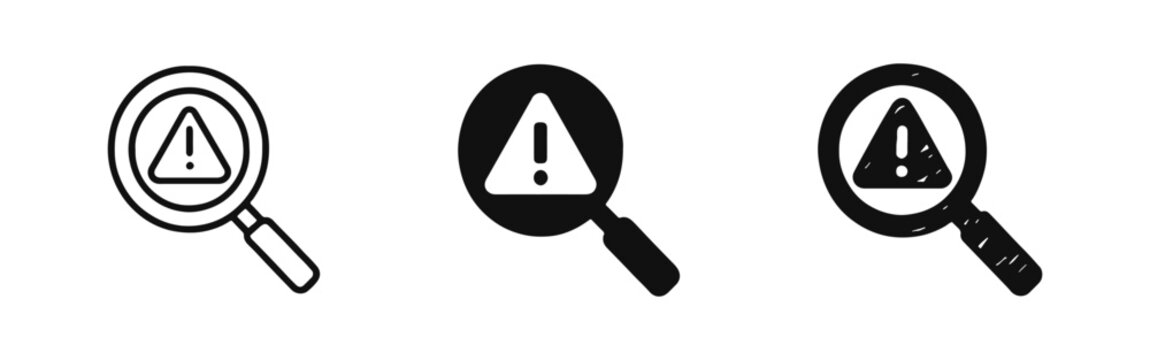 Magnifying Glass with Warning Triangle Icons Set in Outline Solid and Hand Drawn Styles