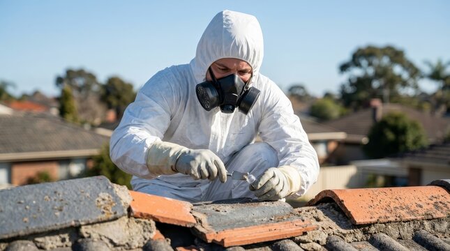 A specialist performing asbestos testing using specialized equipment on a residential roof.