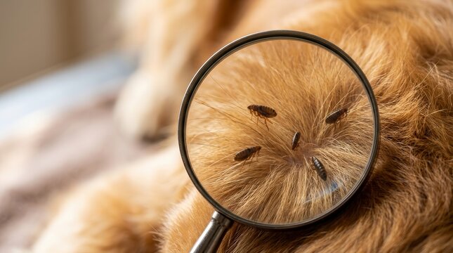 Close up view of tiny fleas on animal fur through a magnifying glass.