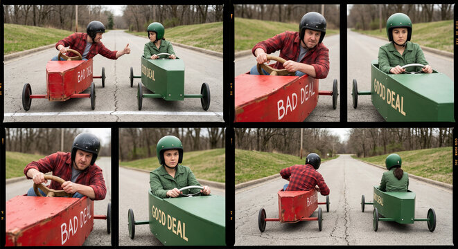 Man and woman racing soapbox cars representing good and bad deals