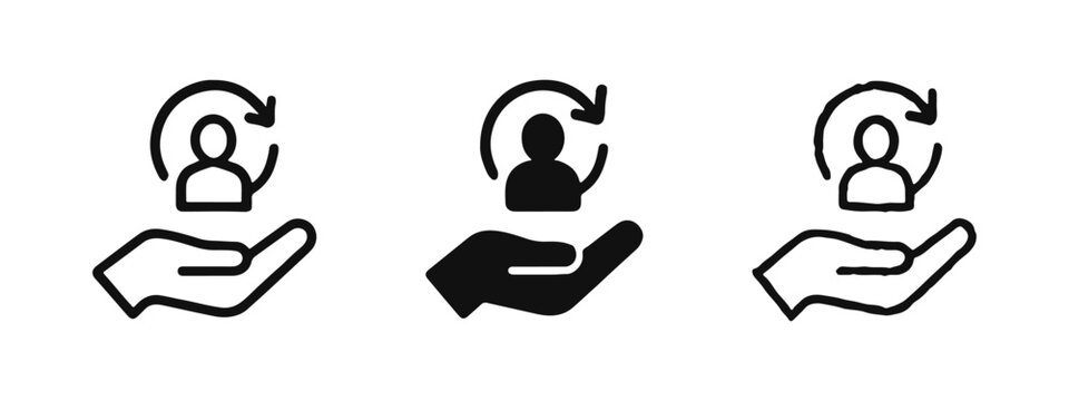 Social responsibility and support icon set, hand holding person with refresh cycle, business ethics concept