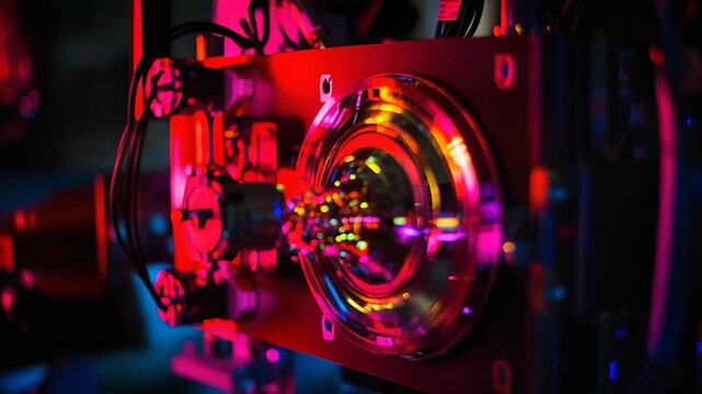 Quantum computer assembly with intricate wiring, glowing pink and blue lights, and dense circuitry conveying futuristic research, advanced hardware, complex data processing and innovation