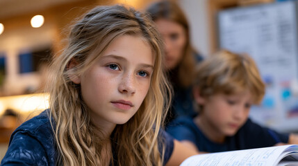 Obraz premium Homework crisis peak hour, three children at one kitchen table all doing different grades of work, a parent circulating between them looking increasingly uncertain, a whiteboard on the fridge covere