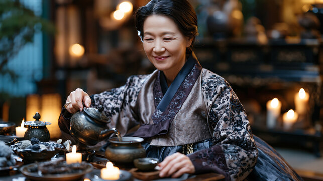 Korean grandmother in jeogori and chima hanbok pours tea in a lacquered interior, embroidered silk catching candlelight, perfect for traditional Korean dress, cultural celebration fashion, and conte