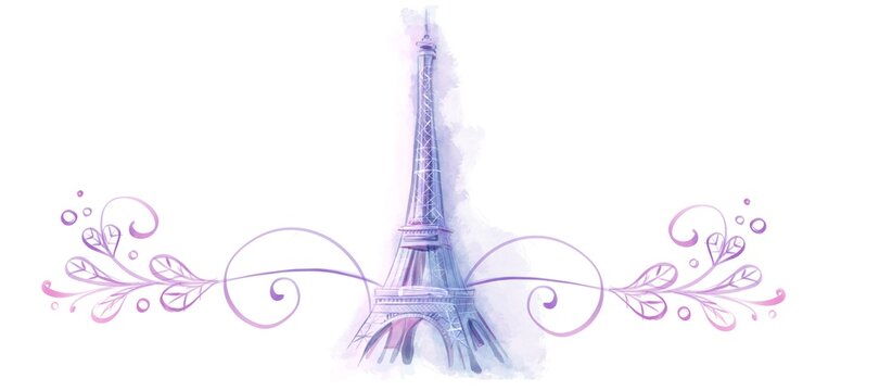 Romantic seamless Paris banner featuring watercolor Eiffel Tower and decorative floral ornament. Stylish French background design