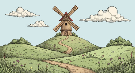 An old windmill stands on a hill in a picturesque countryside landscape. © Putiagna