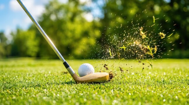 Golf club hitting a golf ball on the green with grass and dirt flying