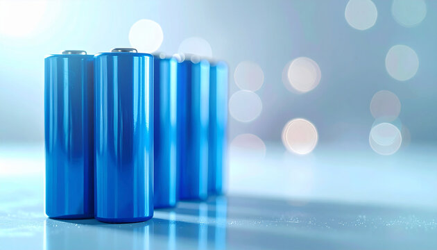 Blue lithium ion batteries standing upright on light backdrop, clean modern product aesthetic, suitable for electrical devices and appliances.