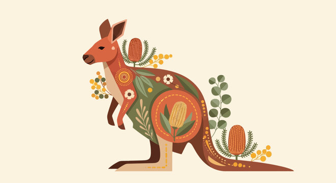 Stylized kangaroo with native Australian flowers and plants illustration