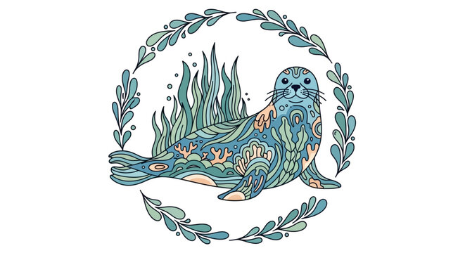 Decorative seal with underwater plants and coral in a whimsical style.