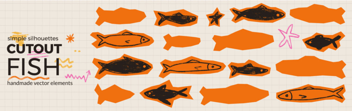 Paper cutout fish for scrapbook album and sticker pack. Orange sardine silhouette with crayon doodle fish collage and ocean feel. Vector paper cutout set for craft card print.