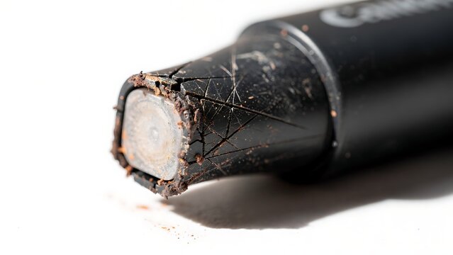 Cracked highlighter cap revealing inner structure. Broken stationery object concept for office or school usage visuals.