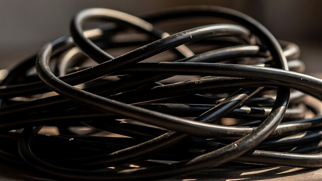 Close up of tangled black extension cords forming chaotic loops with dramatic lighting. Technology clutter and cable management problem concept.