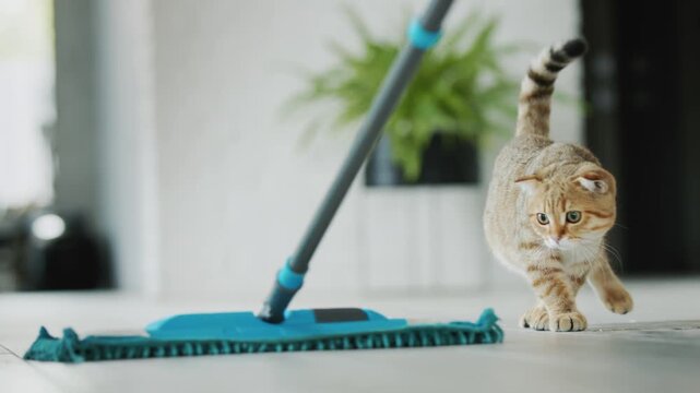 Playful scottish fold kitten hunting blue mop on floor inside modern home during cleaning routine.