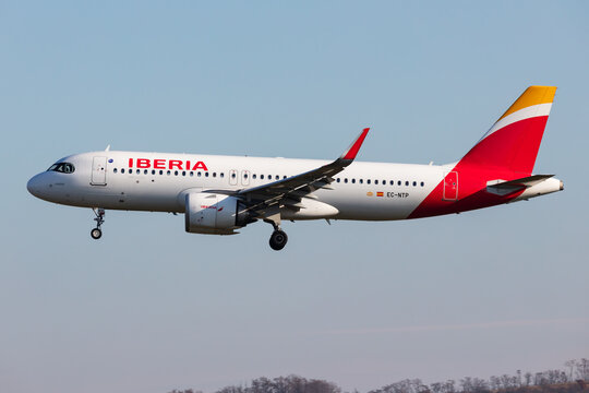 Iberia Airbus A320neo (EC-NTP) landing at Vienna International Airport on December 5, 2024 in Vienna, Austria