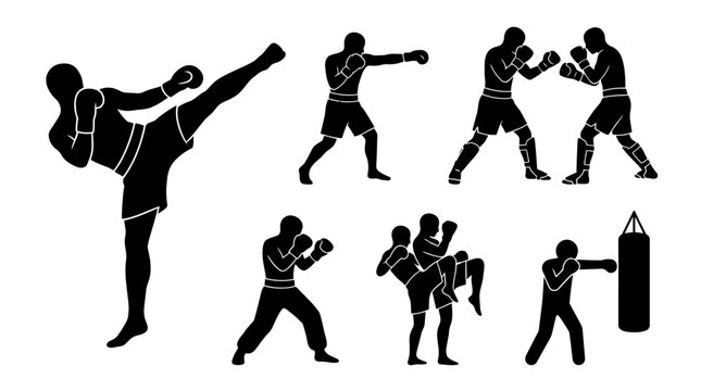 Silhouettes of people practicing kickboxing.