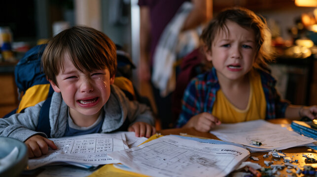 Two children at a kitchen table, backpacks stacked high, scattered worksheets and broken crayons everywhere, one crying over a math page, a tired dad standing nearby with a dish towel over his shoul