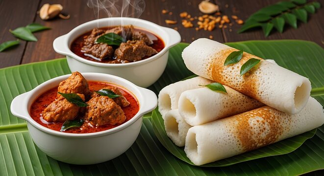 Delicious Indian Kerala Cuisine Featuring Steaming Hot Meat Curry Served Alongside Soft Rolled Appams on Banana Leaf