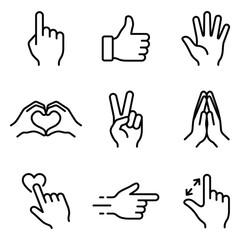 Fototapeta premium Set of hand gesture icons depicting pointing finger thumbs up open palm heart shape with hands peace sign praying