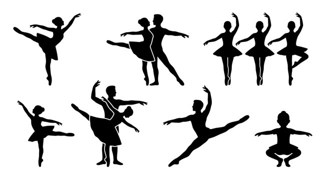 Silhouettes of ballet dancers in motion.