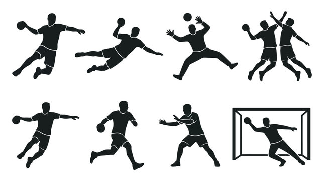 Handball players in various poses action.