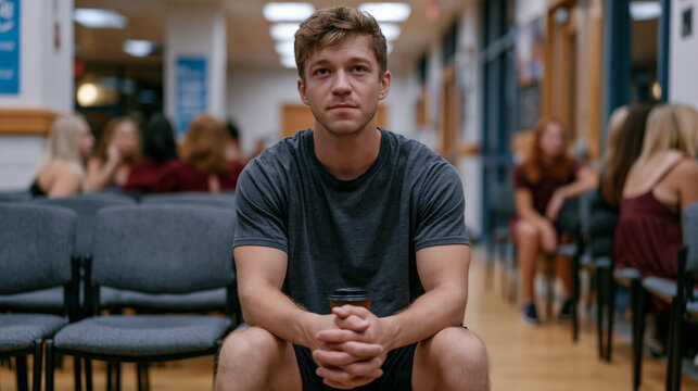 A stay-at-home dad sits outside a dance class in a hallway of identical chairs, surrounded by mothers who have clearly formed a group without him, his expression politely unbothered, shoes untied, a