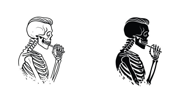 Profile view of skeleton smoking cigar with trendy haircut vector illustration in two styles