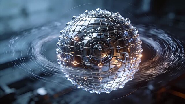 Futuristic sphere device with crystal metal mesh and internal mechanics