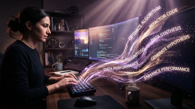 Programmer sits at a desk while coding complex software algorithms that manifest as glowing streams of digital data on her computer monitor in a dark office.