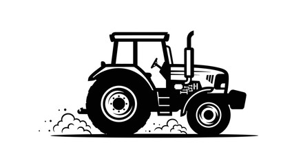 Obraz premium Detailed black silhouette of a farming tractor with large wheels and raised soil. Agricultural machinery in action.