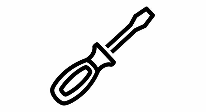 Black and white illustration of a screwdriver with a flathead tip isolated on a plain white background. The design is simple and minimalistic.
