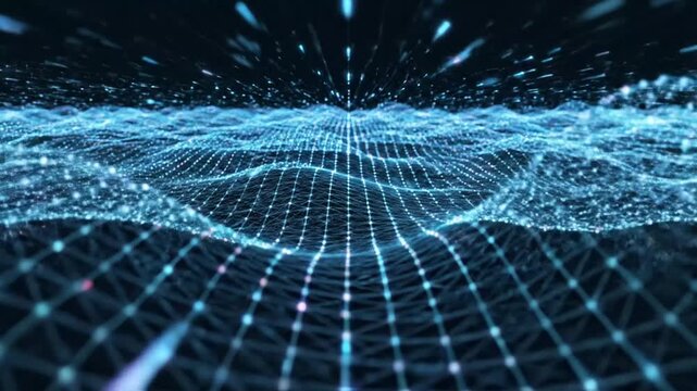 Glowing blue abstract wireframe landscape representing digital network data flow in cyberspace