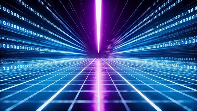 Digital binary code tunnel with purple light beam and glowing grid floor