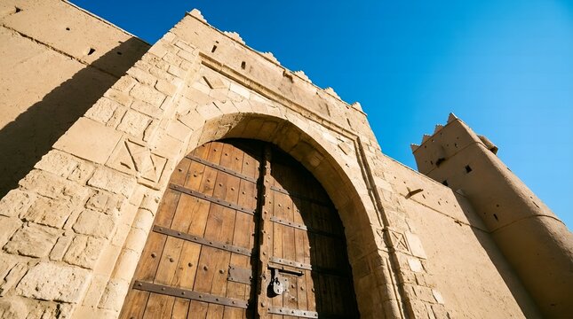 Ancient Saudi Arabian Fort Gate with Wooden Doors and Stone Archway under Blue Sky