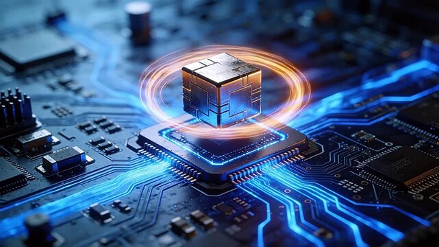 Floating metal cube on circuit board with blue electric light ring