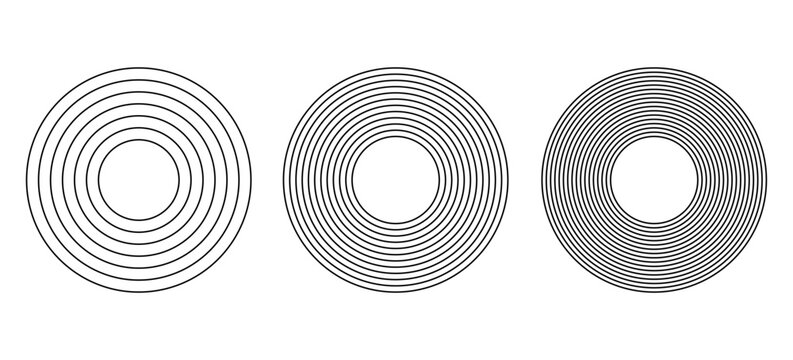 Black concentric circle set. Sonar or sound wave ring collection. Dotted and linear epicentre, target, radar icon concept. Ripple radial signal or vibration elements.