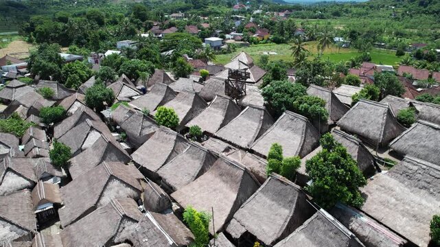 Aerial view of Bale Tani, traditional Sasak architecture in Senggigi, Lombok