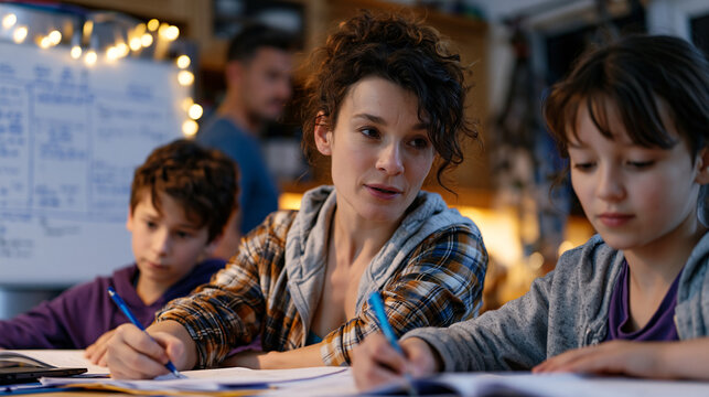 Homework crisis peak hour, three children at one kitchen table all doing different grades of work, a parent circulating between them looking increasingly uncertain, a whiteboard on the fridge covere