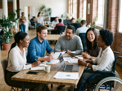 Diverse multiethnic business team collaborating in modern office, inclusive workplace