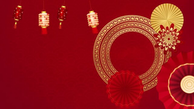 Animated Chinese New Year background template, customizable with text, images, and logos. Featuring an elegant, minimalist red and gold design. Compatible with various Chinese zodiac signs. HD, 4K.