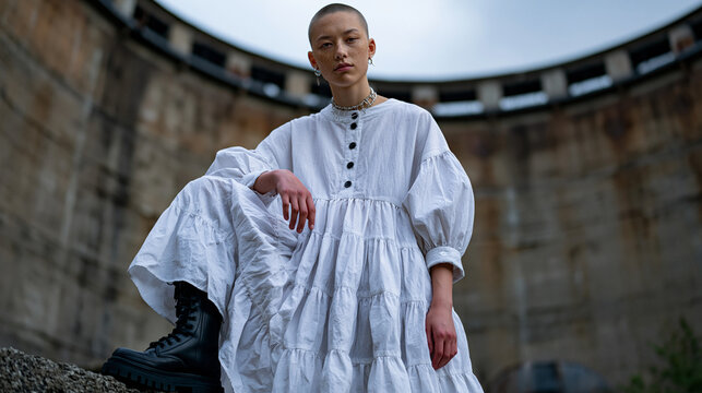 Nonbinary model in voluminous tiered white dress and heavy black boots stands inside an industrial grain silo, circular walls rising above, dramatic overcast sky visible at top, ideal for gender flu