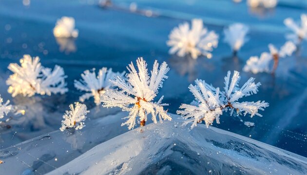Frost patterns on icy surface with winter sunlight reflection