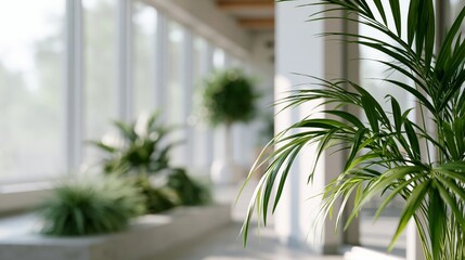 Fototapeta premium Modern Bright Office Interior with Green Plants. Blurry office space. Modern workspace design. Glass walls, blurred furniture, plants. Natural light, commercial building, business concept, indoor.