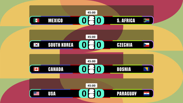 Sports broadcast scoreboard for match results with national flags icons. 