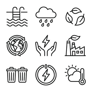 Set of outline icons for environmental protection energy weather concepts with recycling industry lightning renewable